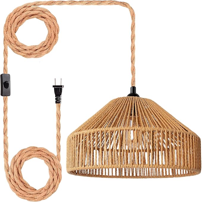 Maliralt Hanging Lamps Rattan Pendant Light Hanging Lights 16.4ft Plug in Cord Pendant Light Fixture Plug Into Wall Outlet Pendant Lighting with On Off Switch for Bedroom Living (Mongolian Yurt)