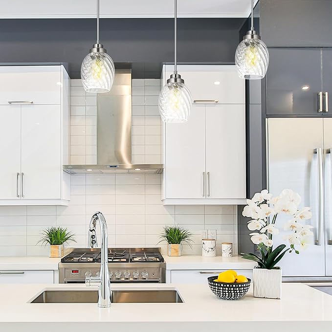 Glass Pendant Lights Kitchen Island,Twisted Clear Glass Treatment Pendant Light,Modern Hanging Light for Kitchen Sink Dining Room Bedroom, E26 (Brushed Nickel, 2pack)