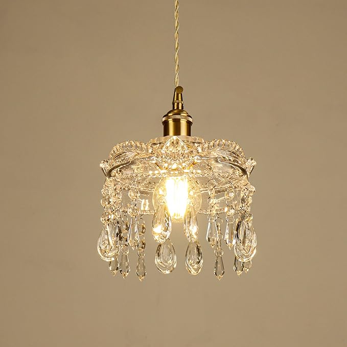 Vintage Mini Crystal Chandelier Brass Fixture with Clear Crystal Drops – Elegant Small Pendant Lighting for Bedroom, Bathroom, Hallway, Kitchen Island, Entryway, Vanity (1-Pack,Hard-Wired)