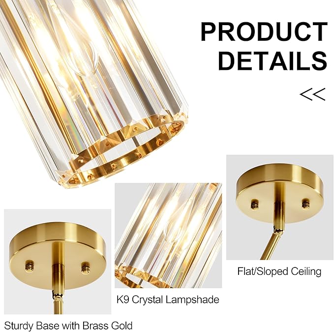 3-Pack Brass Gold Pendant Light Fixtures, Crystal Kitchen Pendant Lighting Over Island,Mini Modern Pendant Lights for Kitchen Island, Dining Room, Hallway, Foyer, Entryways