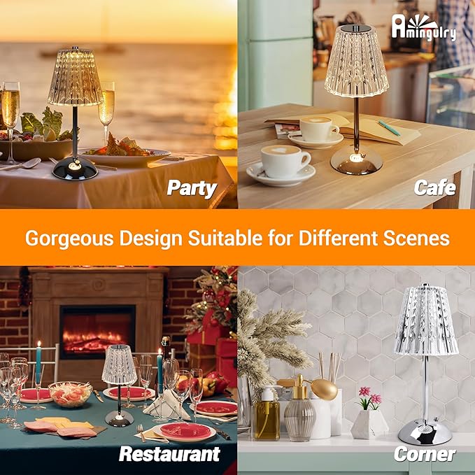 Cordless Table Lamp, 4000mAh Rechargeable Battery Operated Lamp, 3 Color Modes & Stepless Dimmable LED Touch Lamp, Portable Crystal Metal Beside Lamps for Bedroom Restaurant(Silver 2 Pack)