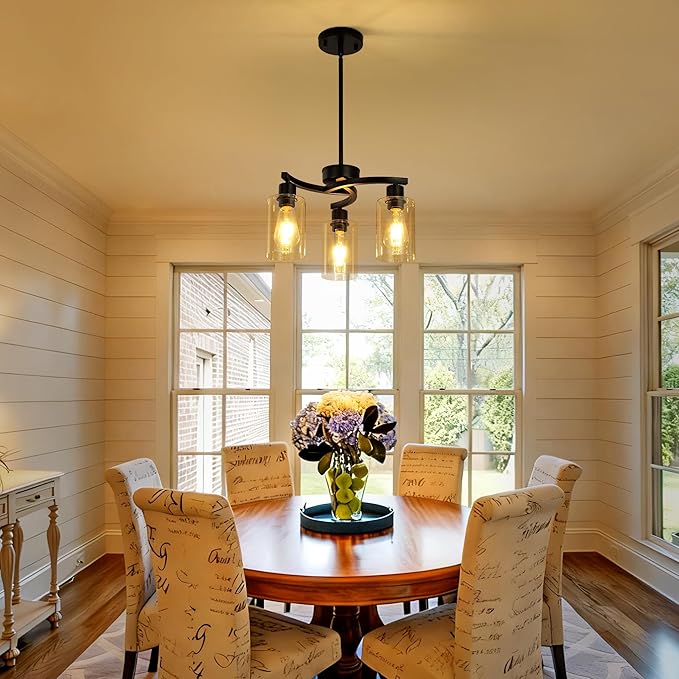 3-Light Modern Farmhouse Chandelier for Dining Room Light Fixtures，16.5" Black Kitchen Island Pendant Lighting, Adjustable Hanging Light for Dining Room with Clear Glass Shades