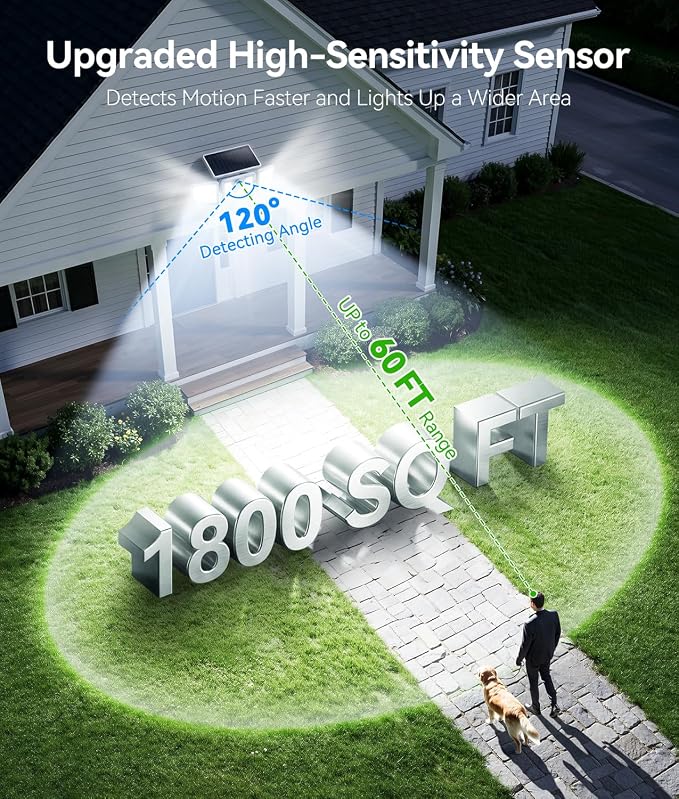 KOOPER Solar Flood Lights, 210 LED Motion Sensor Outdoor Lights, Solar Motion Lights Outdoor Waterproof, 3 Heads 300° Wide Angle Outdoor Security Lights for Yard Patio Garage Entryways, 2 Pack, White