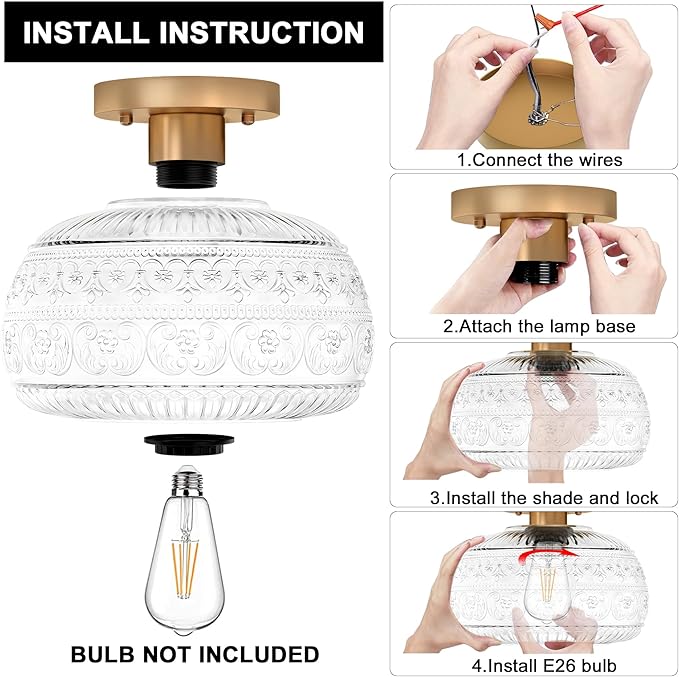 Semi Flush Mount Ceiling Light, Upgraded Modern Close to Ceiling Light Fixture with Clear Glass,Gold Indoor Kitchen Lighting for Porch Corridor Hallway Bedroom, Bulb Not Included