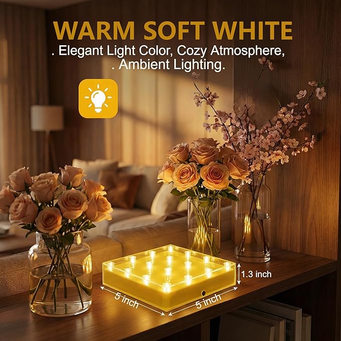 Simplelight 5 Inch Square LED Light Base - Perfect for Glass Art, Ideal Led Display for Vases, Centerpieces (5inch Square LED Vase Base Light, Soft White)