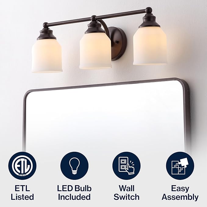 JONATHAN Y 24" Oil Rubbed Bronze/White Modern Farmhouse LED Vanity Light Wall Sconce Fixture, Frosted White Glass Shade, Dimmable Wall Lamp for Bathroom Mirror Kitchen Sink, UL Listed (JYL7551C)
