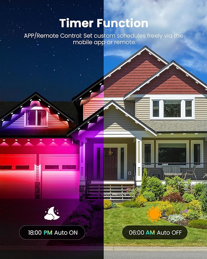 KISUFU 200FT RGB+IC Permanent Outdoor Lights, 24V Year-Round Roof & Eaves Lighting with 221 Modes, App & Remote Control, IP68 Waterproof, Smart Outside Lights for Halloween, Christmas, Holidays
