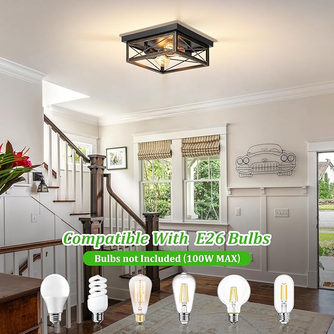 Oil Rubbed Bronze Hallway Light Fixture Ceiling, 2-Light Farmhouse Industrial Flush Mount Ceiling Lamp, 1-Pack Metal Kitchen Light Fixture, Close to Ceiling Lamp for Bedroom Living Room Entryway