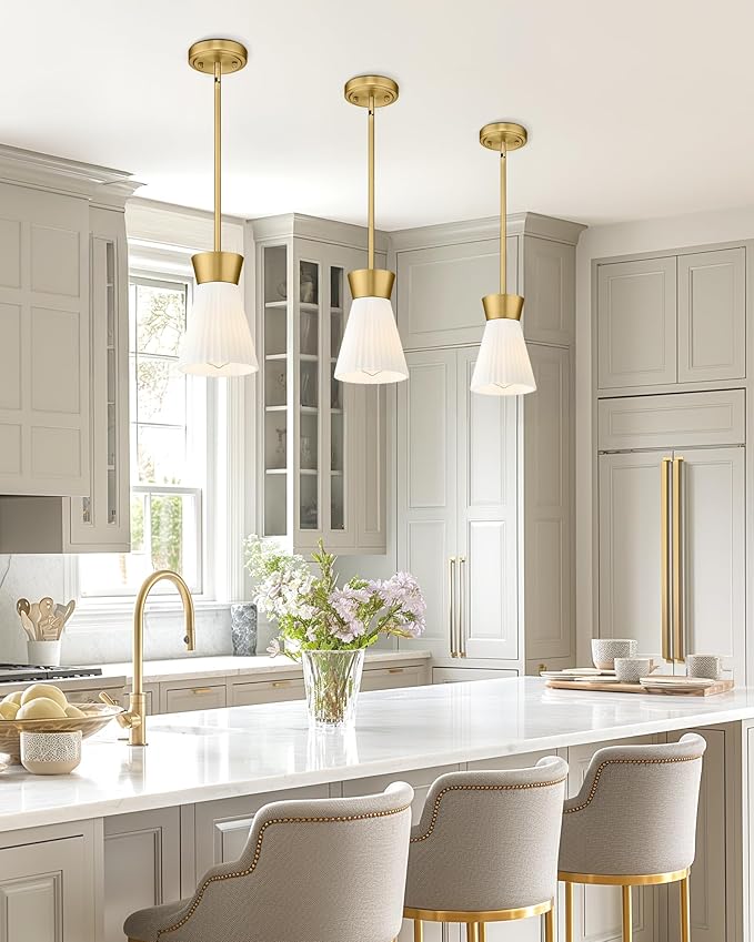 Gold Pendant Light, HWH Hanging Light Fixture for Kitchen Island, Bedroom, Modern Pendant Light with Milk White Striped Glass, Gold Finish, 5HZG107MIL BG