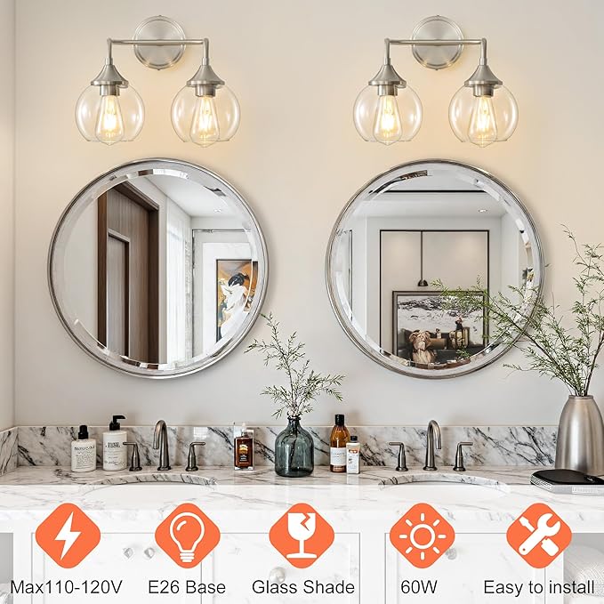 Bathroom Vanity Light with Clear Glass Shade, E26 Base, 2-Light Bathroom Light Fixtures Over Mirror, 14 Inch Vanity Lights for Bathroom (Exclude E26 Bulb) - Brushed Nickel