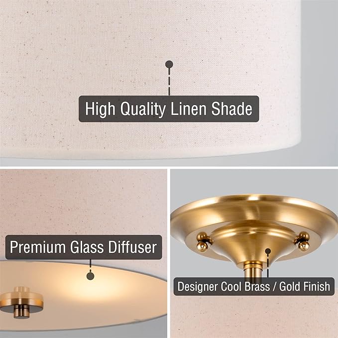 Kira Home Addison 13" Modern Drum Semi Flush Mount with Off-White Fabric Drum Shade, 2-Light Ceiling Light, Cool Brass Finish