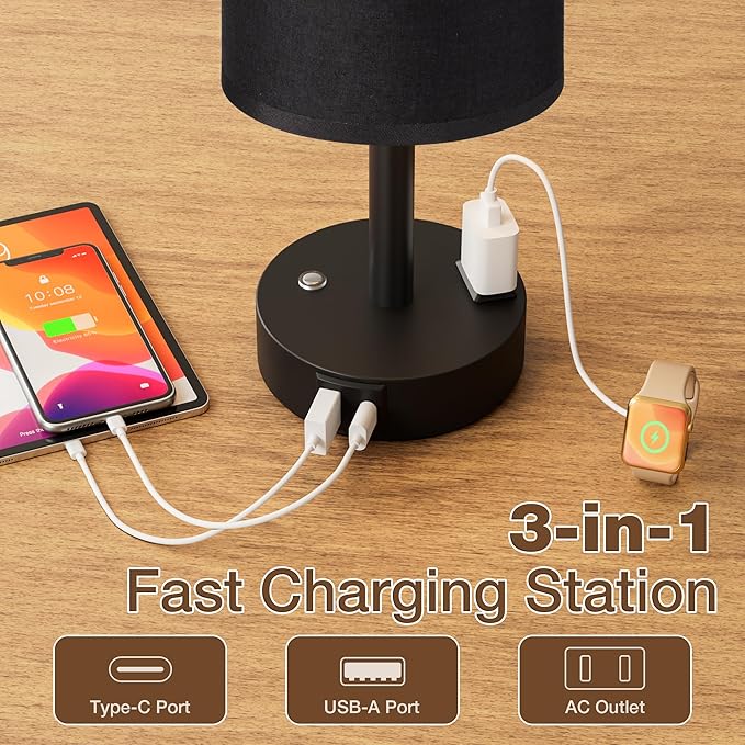 Touch Bedside Table Lamp with Memory - Stepless Dimmable Lamp for Bedroom, Small Nightstand Lamp with Dual USB Charging Ports and AC Outlet, Wood Night Light, Deak Lamp for Nursery, (Black & Black)