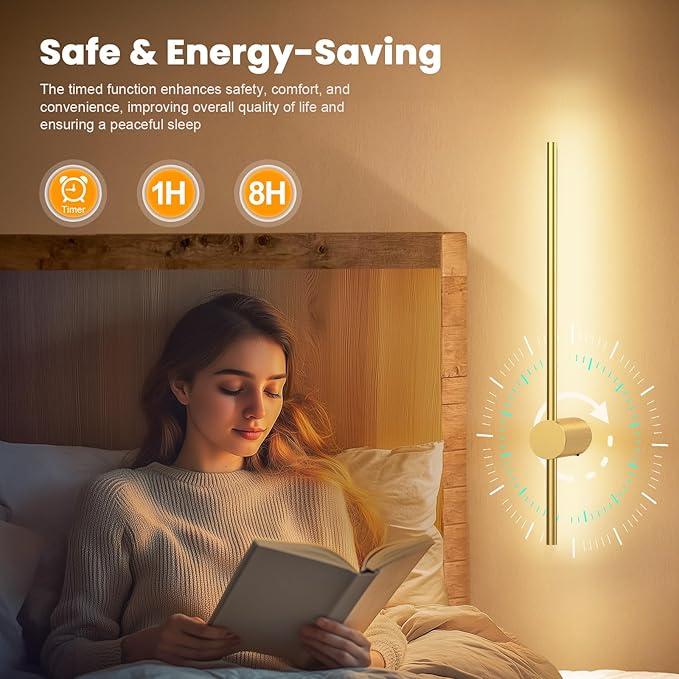 NIORSUN 24 Inch Battery Operated Wall Sconce Set of 2,Gold Minimalist Rechargeable LED Wall Lights with Remote, 10 Colors Dimmable Wireless Wall Lamp for Living Room Bedroom Hallway