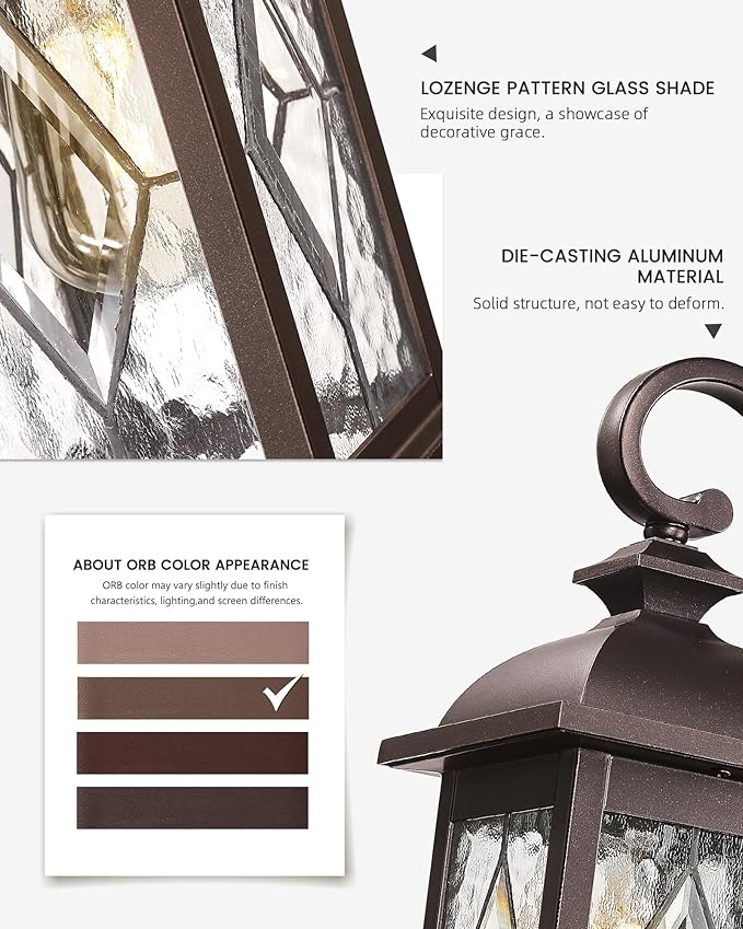 FEMILA Dusk to Dawn Outdoor Wall Light Fixtures, 15" Exterior Waterproof Wall Sconce, Front Porch Lights, ORB Finish with Hammered Glass, E26, UL Listed, 4FD54B-PC ORB-SD