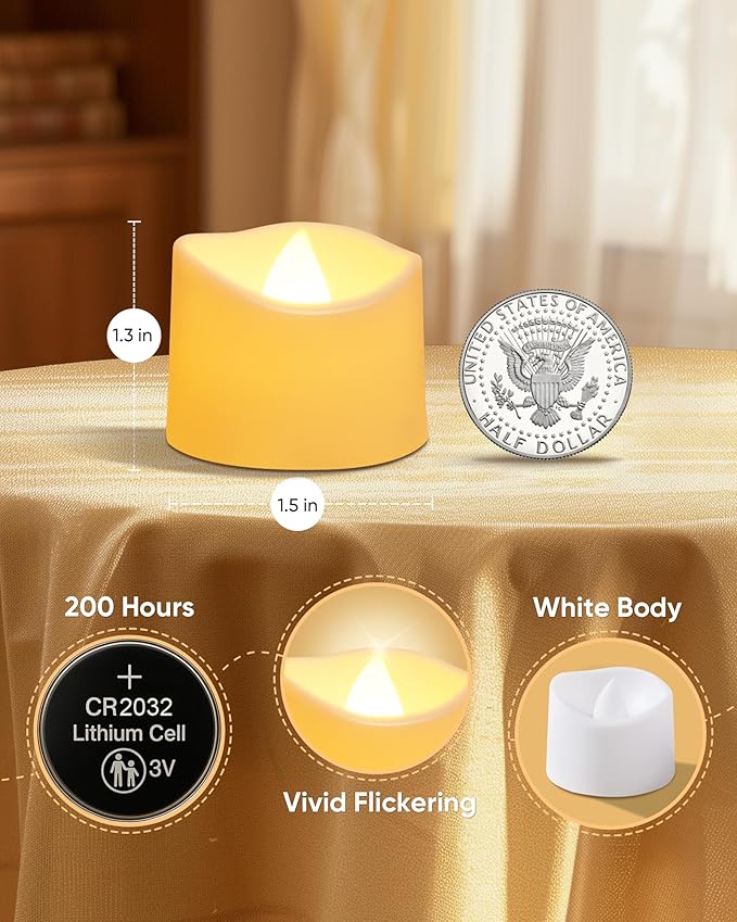 Raycare 48 Pack White Battery Operated Tea Lights, 200+Hour Electric Flickering Flameless Candles, Realistic Votive LED Tea Lights for Wedding Party Table Thanksgiving Christmas Decorations