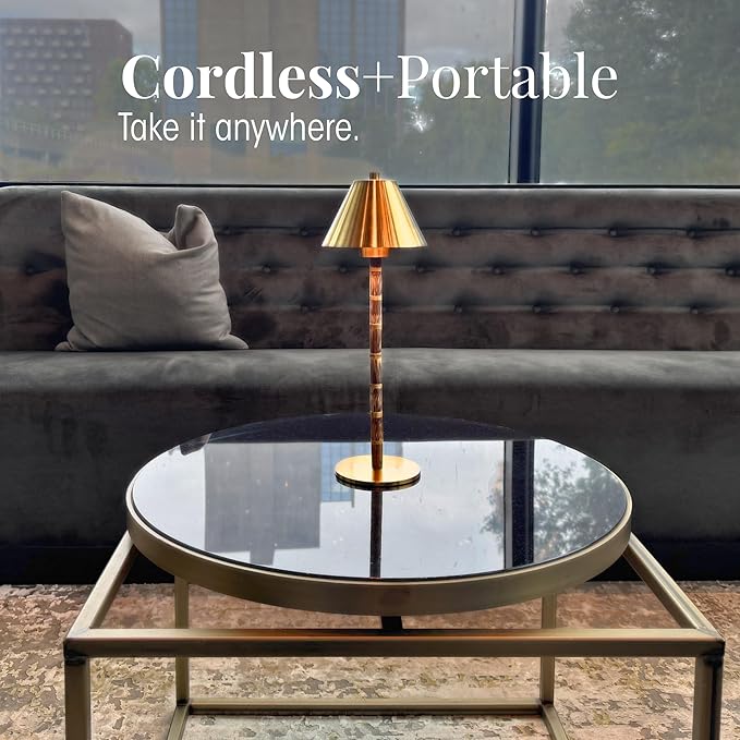 Bamboo Cordless LED Table Lamp – Rechargeable 24-Hour Battery, Dimmable Warm Light, 15" Portable Wireless Lamp with Remote for Indoor/Outdoor Use, Home, Patio, Restaurant – Polished Gold