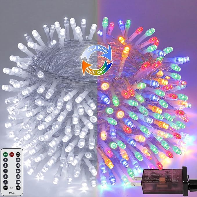 Cool White to Multicolor Color Changing 100 LED 33FT Connectable Christmas String Lights for Outdoor Indoor, 11 Modes Christmas Tree Clear Wire Fairy Waterproof Lights with Memory & Remote & Timer