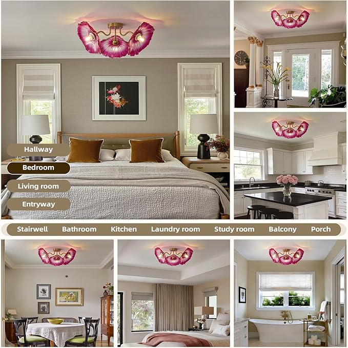 Flower Glass 3 Lights Ceiling Light - Red Vintage Floral Semi Flush Mount Chandelier Lighting Fixtures - Mid Century Modern Art Deco Lamps for Bedroom Bathroom Hallway Foyer Hall Kitchen Living Room