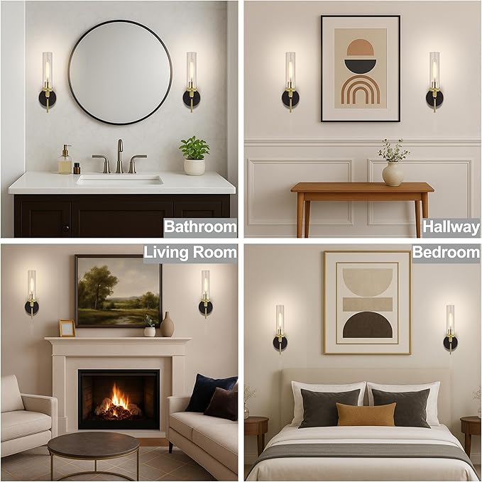 LaLuLa Black and Gold Bathroom Light Fixtures Over Mirror, Wall Sconces Set of 2 with Knurled Texture, Modern Hardwired Vanity Lights with Clear Glass Tube Shade for Bathroom，Bedroom