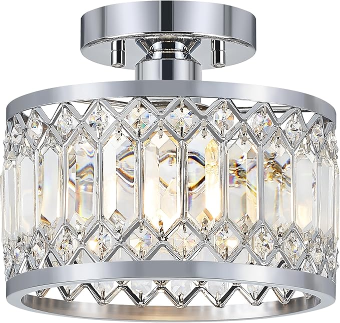 Crystal Ceiling Light Fixture, Modern Semi Flush Mount Ceiling Light, Chrome Lighting Fixtures Ceiling Lamp for Hallway, Kitchen, Entryway, Bedroom, Laundry Room, 9.05 Inch