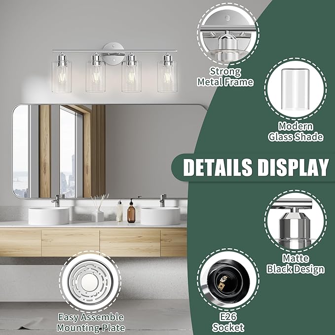 Espird Bathroom Vanity Light Fixtures Polished Chrome,4 Lights Rustic Farmhouse Vanity Bar Lighting Over Mirror Modern Industrial Wall Sconces Lamp with Cylinder Glass Shade