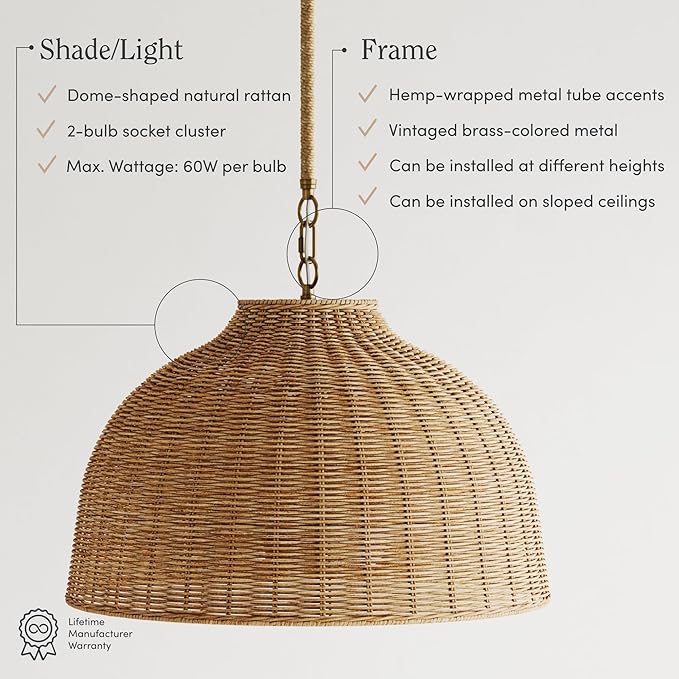 Nathan James Augustine Modern Farmhouse Rattan Pendant Light, Rattan Chandelier Pendant Lamp Shade for Kitchen or Living Room