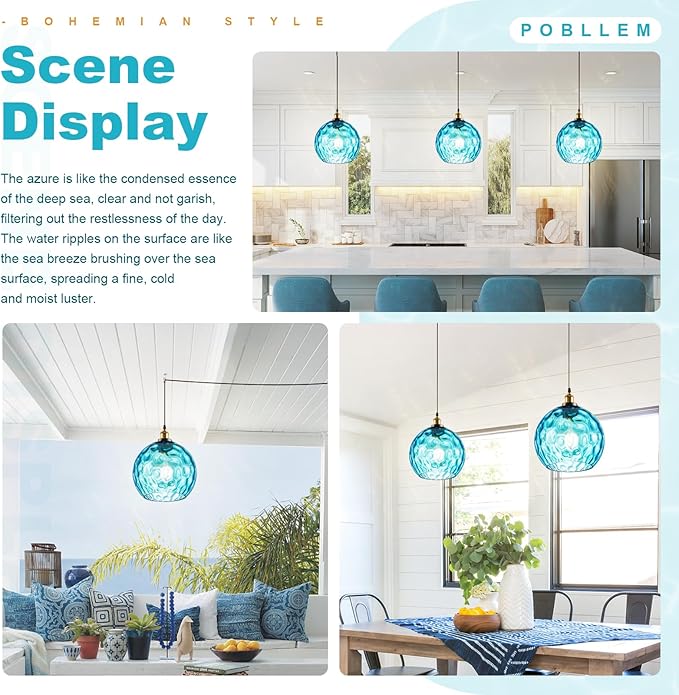 Globe Hanging Light Fixture with Plug in Cord, Blue Coastal Pendant Lighting Plug in, 13.8" Large Hammered Glass Hanging Swag Lamp for Kitchen Dining Room Living Room Bedroom