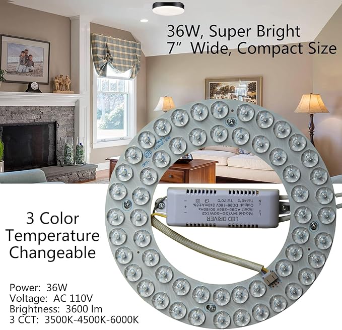 36W LED Light Kit Panel for Ceiling Fan Flush Mount Lights,Retrofit LED Light Engine Upgrade PCB Light Board, 3 Color Temperature