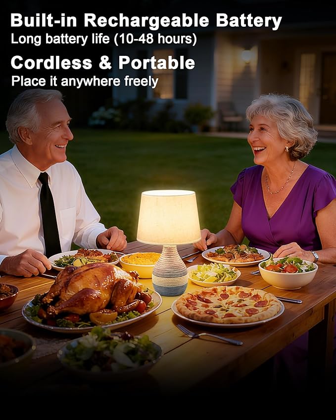 13" H Small Rechargeable Cordless Ceramic Table Lamp with Remote – RGB, Warm White Light, Timer, Dimmer – Battery Operated Lamp with Linen Shade for Patio, Bedroom, Living Room, Dining Table