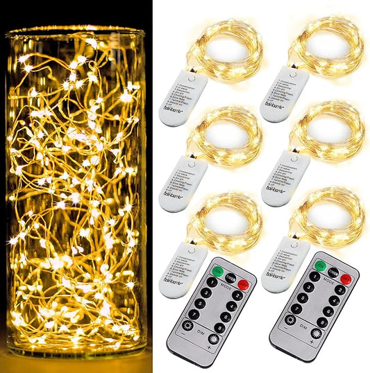 6 Pack Fairy Lights Battery Operated with Timer 2PCS Remote - 6.5ft 20LED Warm White Twinkle Lights Waterproof Silver Wire Fireflies Lights DIY Mason Jar Wedding Party Christmas Centerpiece Table Deco