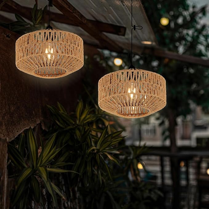 Battery Operated Pendant Light Outdoor Chandelier for Gazebo Hanging Lamp with Remote Timer Powered by 4*AA Batteries Boho Rattan Lampshade LED Lantern for Garden Farmhouse Porch Patio Backyard Decor