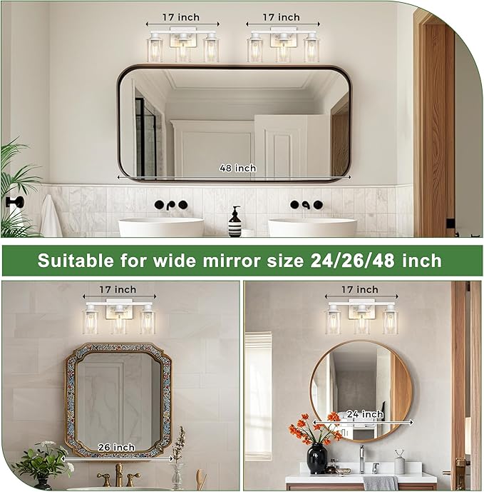 DORESshop 17 Inch Bathroom Light Fixtures, 3-Light Vintage Ivory Bathroom Lighting Fixtures Over Mirror with Clear Glass Shade, Vanity Lights for Living Room Bedroom