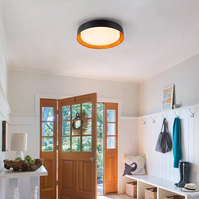 12 Inch LED Flush Mount Ceiling Light with Remote, 18W Flush Mount Light Fixture in Black and Wood Finish, Dimmable Ceiling Light for Bedroom, Hallway, Entryway, Bathroom, Kitchen