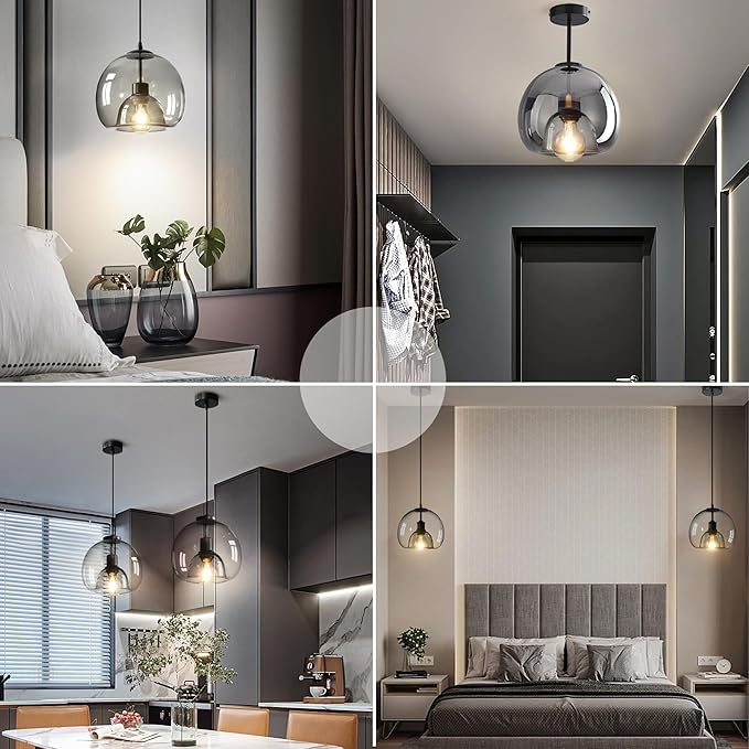Large Smoke Glass Pendant Light for Kitchen Island, Includes Extra Bulb & 4.26FT Adjustable Cord, Modern Pendant Lighting Fixtures for Kitchen, Dining Room, Living Room(9in, 1-Pack)