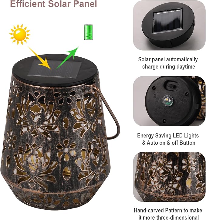 Edenseelake 2 Pack Solar Hanging Lanterns Outdoor Waterproof, Metal Flower Solar Lights, Decorative LED Lantern for Garden, Patio, Porch, Yard, Lawn, Bronze