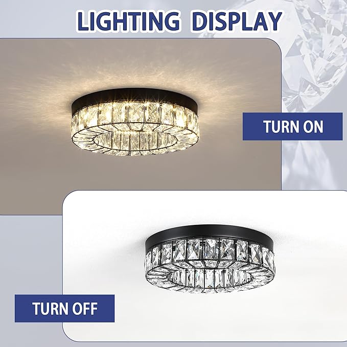 MEXO Crystal LED Flush Mount Ceiling Light Fixtures Modern Black LED Chandelier Lighting for Kitchen Closet Hallway Bedroom Foyer Laundry Room
