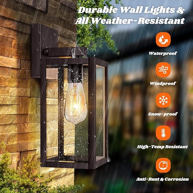 Brightever 2-Pack Outdoor Wall Light Fixtures, Brown Waterproof Anti-Rust Exterior Wall Sconce Lantern with Clear Glass, Modern Outside Front Porch Lights for House Garage Doorway, Bulbs Not Included