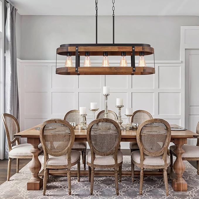 Rustic Farmhouse Wood Kitchen Island Lighting, 5 Lights Rectangular Pendant Light Fixture, Adjustable Rods Oak Wood and Metal Linear Chandelier for Kitchen Island Farmhouse Dining Room, Black
