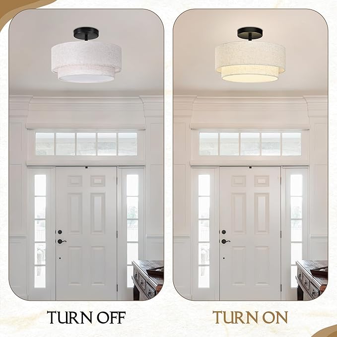 12.6 inch Flush Mount Ceiling Light Black Close to Lights Fixture with 2-Layer Fabric Shade 3-Light Drum Modern Lights for Dining Room Bedroom Hallway