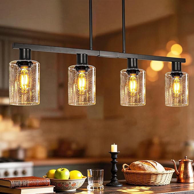 4-Light Kitchen Island Lighting, Black Simplicity Bar Island Lights for Kitchen, Farmhouse Chandelier with Adjustable Height & Seeded Glass Shades, Linear Hanging Dining Room Light Fixture Over Table