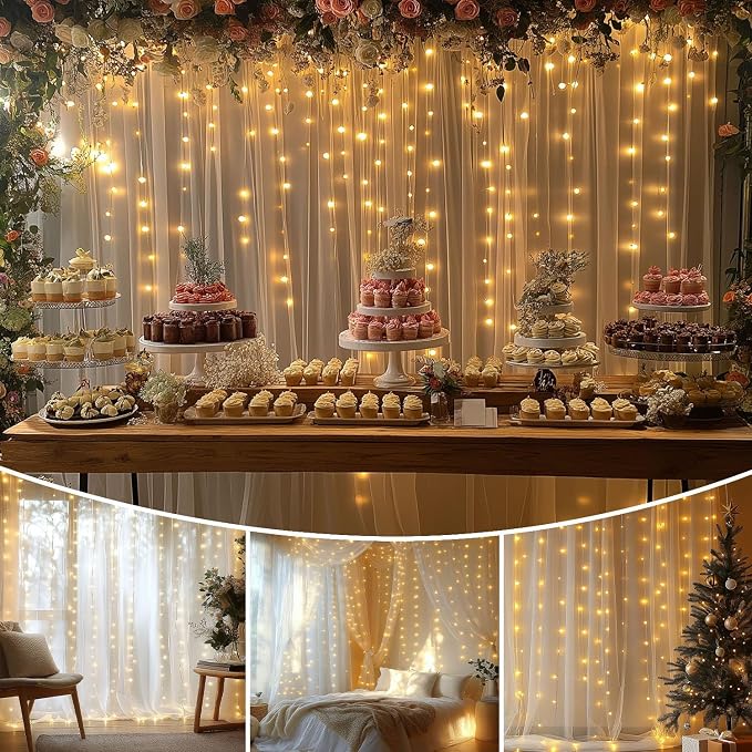 10x10ft White Tulle Backdrop Curtain with Lights String Sheer Drapes for Wedding, Birthday, Baby Shower, Bridal Shower, Photo Booth, Party, Home Decor (2 Panels, White)