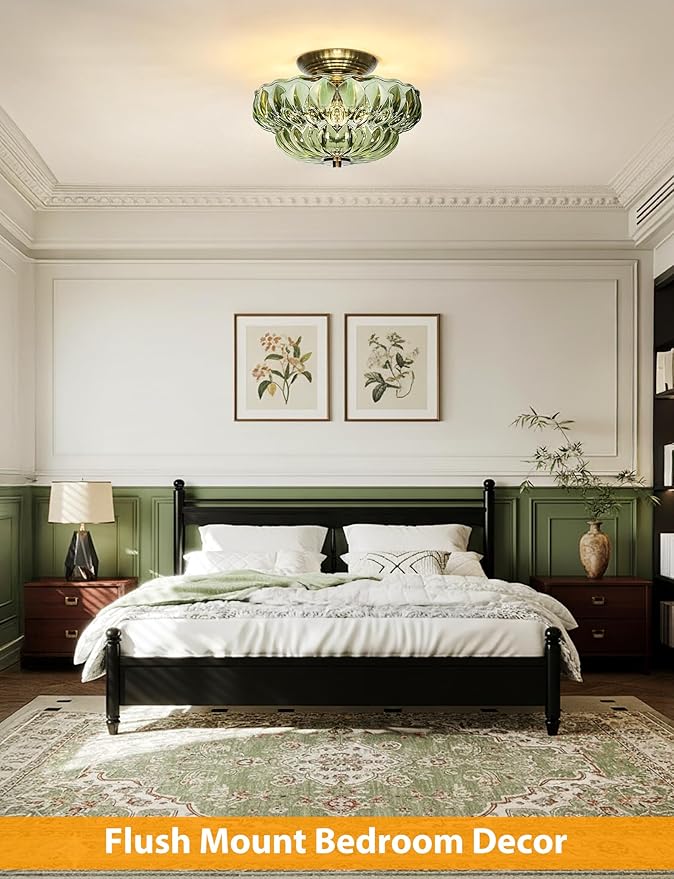Semi Flush Mount Ceiling Light,11IN Vintage Gold Hallway Lights Fixture,3-Bulb Globe Green Glass Close to Ceiling Light for Bathroom, Hallway, Dining Room,Bulb Not Included