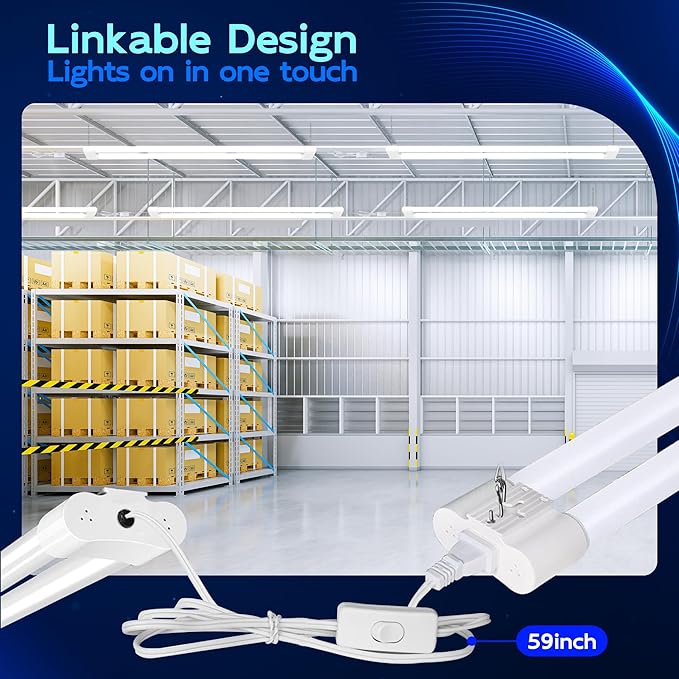 hykolity 4 Pack LED Shop Lights 4FT,60W (350W Equivalent), 6500 Lumens, 5000K Daylight White, Linkable Shop Lights for Garage & Workshop, Plug and Play with Hanging/Surface Mount Kit, White