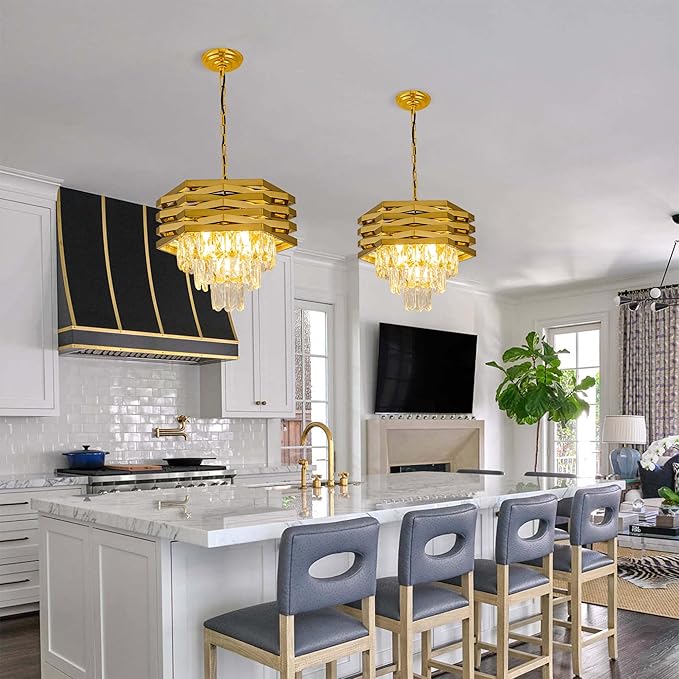Gold Crystal Chandelier 5-Lights 15.75" Modern Crystal Pendant Light 3-Tier Luxury K9 Hanging Dining Room Lighting Fixtures for Bedroom Living Room Office Hallway Foyer Entryway Kitchen Sink