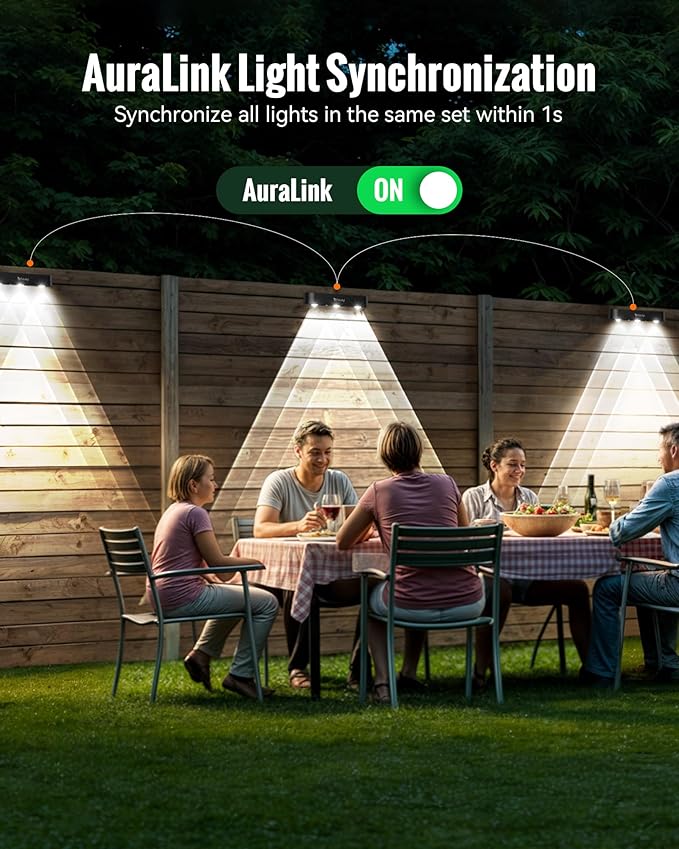 Solar Fence Lights, 4 Pack Outdoor Solar Powered Fence Light with Sync Group Control & 10 Light Modes, Waterproof IP65 Solar Wall Lights for Deck, Patio, Backyard, Wall, Pool, Step