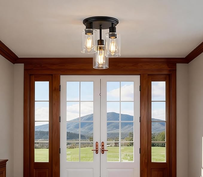 ROTTOGOON Semi Flush Mount Ceiling Light, Close to Ceiling Lights Fixtures, 3 Light Kitchen Ceiling Lights Fixtures with Glass Shades, Hallway Light Fixtures Ceiling Mount for Foyer, Black