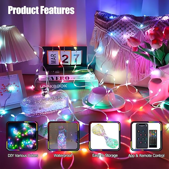 Lemical USB Smart Fairy String Lights 33FT 100 LED DIY Twinkle Lights with App & 40-Key Remote Control IP65 Waterproof 64 Scenes Music Sync RGB IC Lights for Bedroom, Christmas, Parties, Decoration