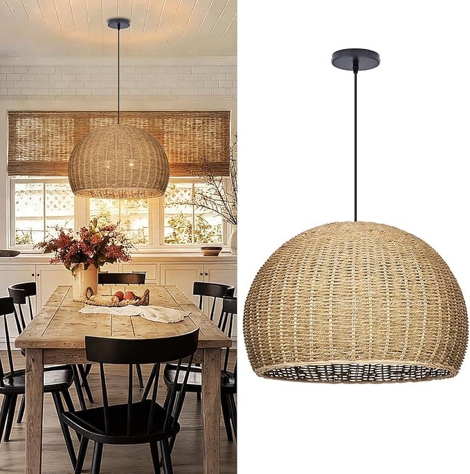 Arturesthome 2-Light Rustic Farmhouse Rattan Pendant Light,19.68in Large Dome Hand Woven Ceiling Mounted Rattan Chandelier,Coastal Beach Ceiling Hanging Light for Kitchen,Dining Room
