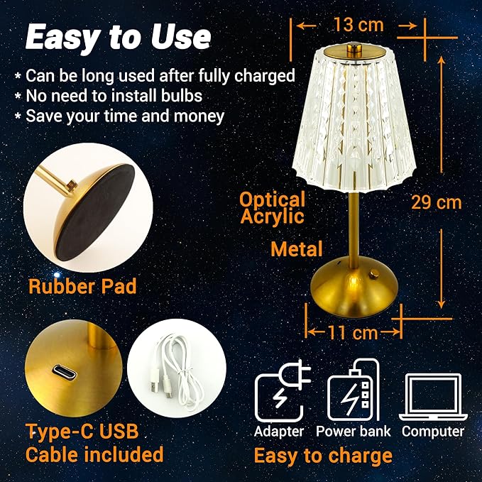 Cordless Table Lamp, 4000mAh Rechargeable Battery Operated Lamp, 3 Color Modes & Stepless Dimmable LED Touch Lamp, Portable Crystal Metal Beside Lamps for Bedroom Restaurant Outdoor(Gold)