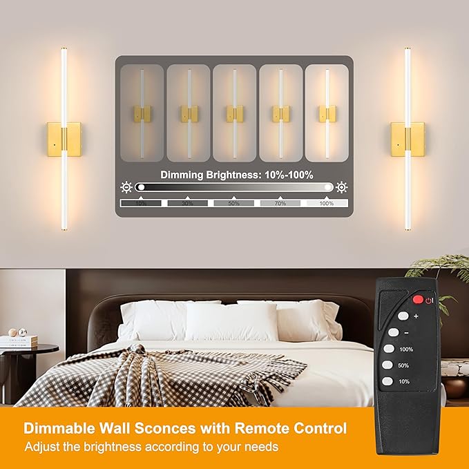 Morauroral 30 Inch White Gold Battery Operated Wall Sconces Set of 2, Dimmable Battery Wall Sconce with Remote Control, LED Rechargeable Sconces, Modern Wireless Wall Lights for Bedroom, Living Room